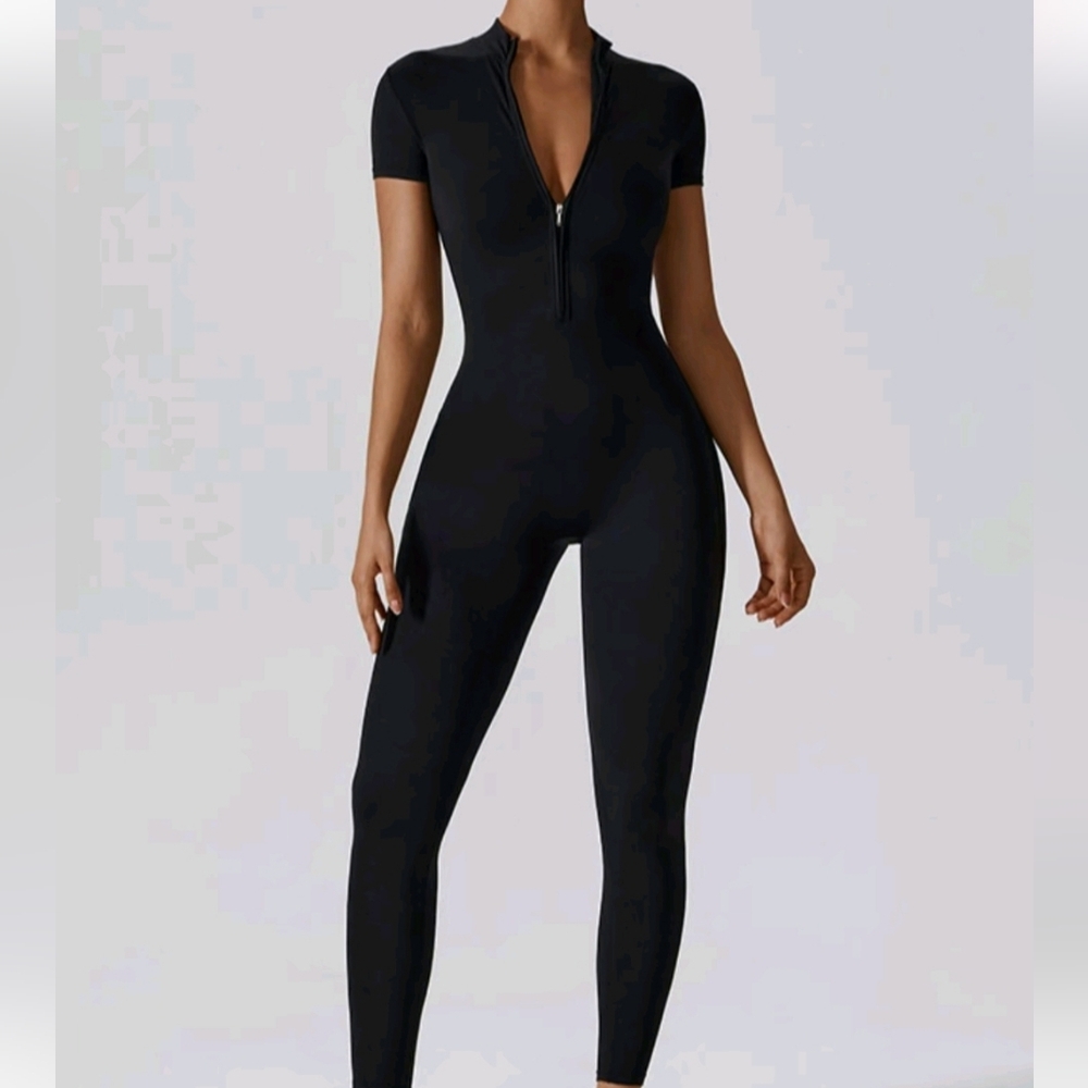 Black Short Sleeve Zip-Up Jumpsuit